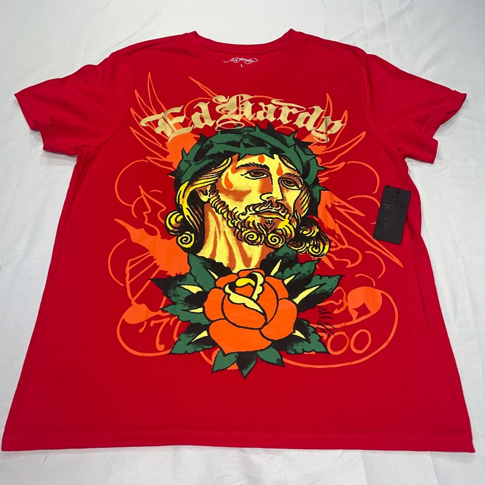 Ed Hardy Mens Red Jesus Rose Graphic T-Shirt EHM1100-9FN Size L NEW